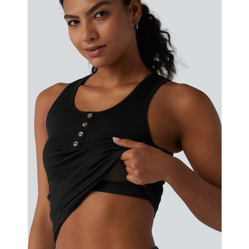 Halara Ribbed Knit Round Neck Built-in Bra Casual Tank Top - Black