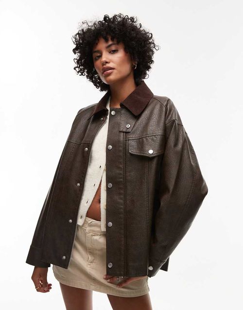 Faux leather cord collar jacket in brown-Black