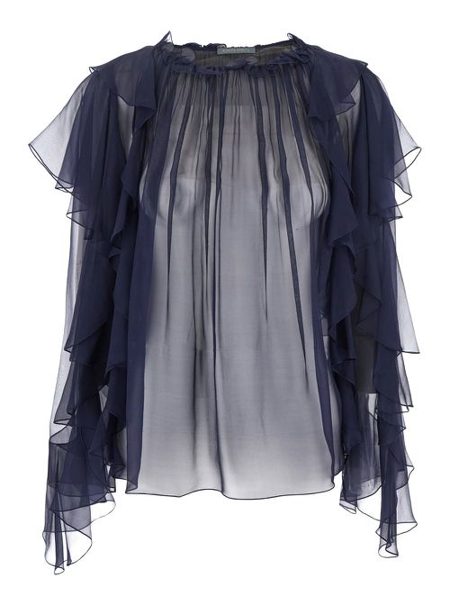 Blue Shirt With Ruffle Detail In Silk Chiffon Woman