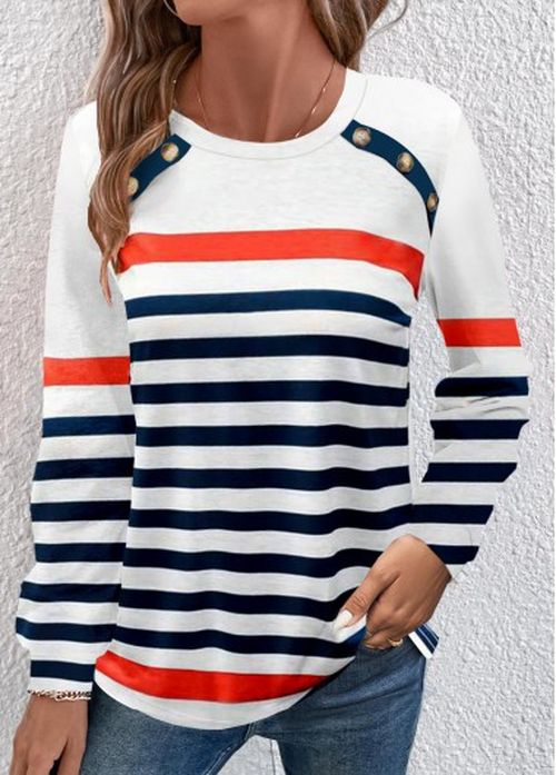 Modlily Navy Button Multi Stripe Print Long Sleeve T Shirt