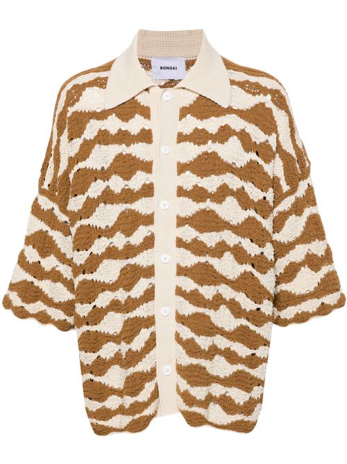Crochet-knit buttoned shirt - Brown
