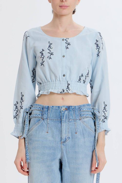 Cropped Embroidered Long Sleeve Top In Blue Combo