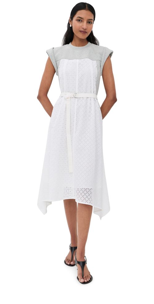Sleeveless French Terry Midi Dress with Broderie Anglaise Lt Grey Melange/White