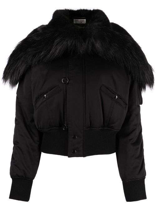 Faux-fur trimmed cropped bomber jacket - Black