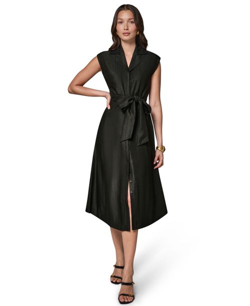 Women's Cap-Sleeve Collared with Self-Tie Belt Shirtdress - Black