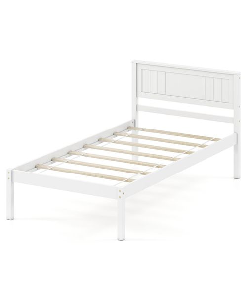 Wooden Platform Bed Frame with Headboard and Slat Support, Strong Mattress Base - White