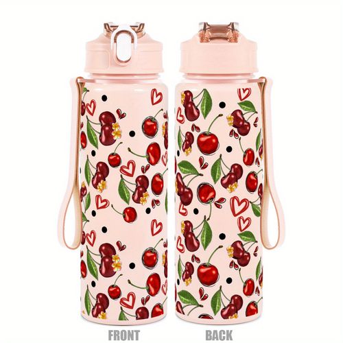 TEMU Rzuiytye Leak-proof Water Bottle With Cherry & Hearts Print - Durable Plastic, Large Capacity For Sports, Fitness, Outdoor Trave
