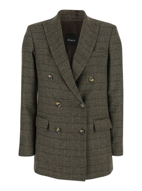 Brown Double-Breasted Jacket With Peak Revers And All-Over Striped Motif In Wool Woman