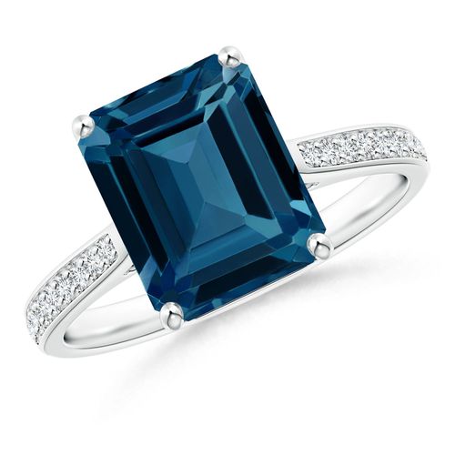 Angara 4.0 Carats Emerald-Cut London Blue Topaz Cocktail Ring with Diamonds in Platinum