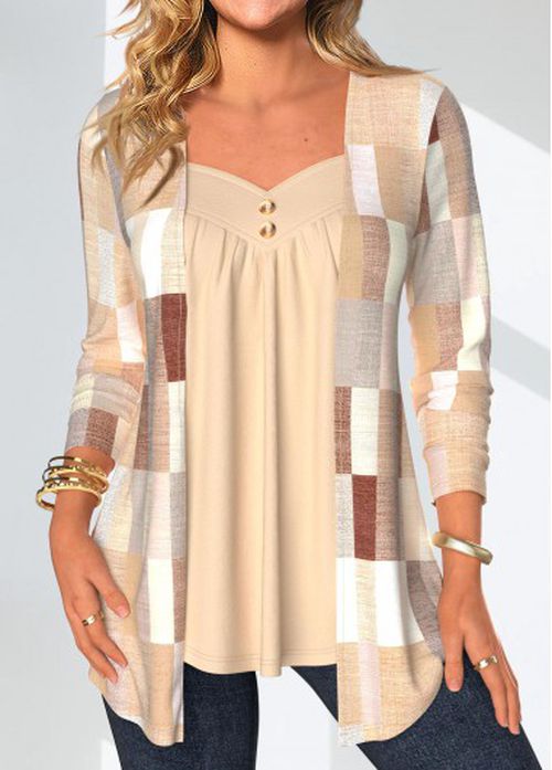 Modlily Skin Color Patchwork Geometric Print Fake Two Piece Twinset