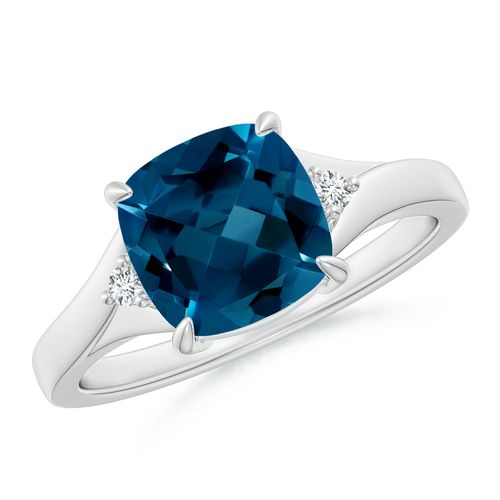 Angara 2.5 Carats Split Shank Cushion London Blue Topaz Solitaire Ring in Platinum