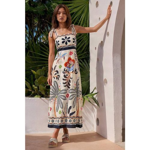 Roman Women's Floral Palm Strappy Midi Dress in Ivory