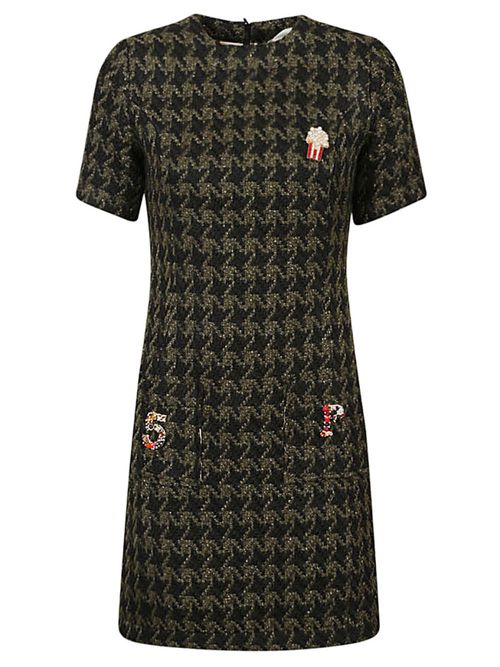 Green Houndstooth Wool Blend Short Dress