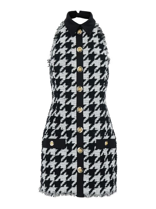 Buttoned Halterneck Tweed & Satin Dress