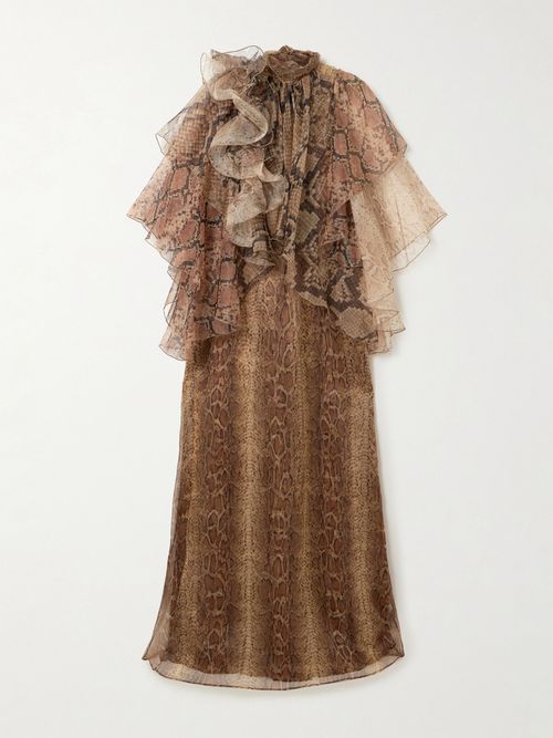Hypnotic Memento Billow Ruffled Snake-print Silk-organza Gown - Brown
