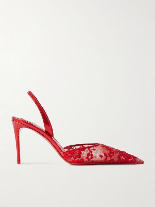 Kate Max Metallic Leather-trimmed Crystal-embellished Lace Slingback Sandals - Red