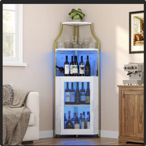 Garvee Corner Bar Cabinet with LED Light Modern Wine Cabinet with Wine Rack & Glass Holder 5-Tier Bar Wine Home Bar Liquor Storage Cabinet with Adjustable Shelves for Living Room, Kitchen（Gold