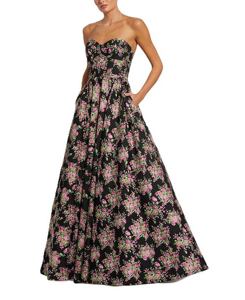 Strapless Sweetheart Brocade Floral A Line Gown