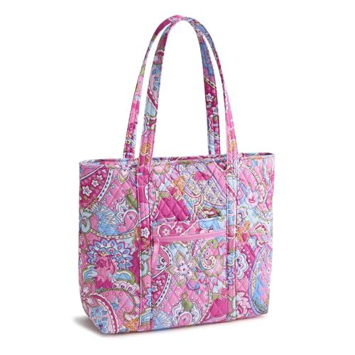 Vera Bradley Women's Disney Premium Cotton Original Vera Tote Bag – Quilted Shoulder Purse – Aurora Pink Swirls
