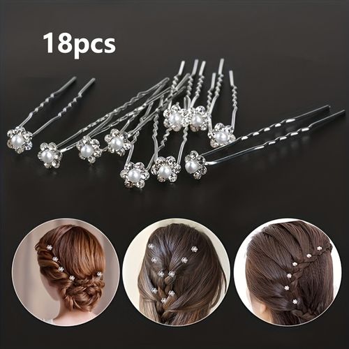 TEMU 18pcs, Elegant U-shaped Jewelry Hair Clip Set With Flowers And Rhinestones, Perfect Gift For Daily Wear And Special Occasions, Ideal Combination