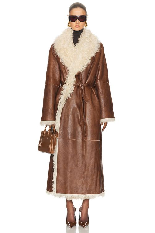 Magda Butrym Long Belted Shearling Reversible Coat in Brown - Brown. 38 also