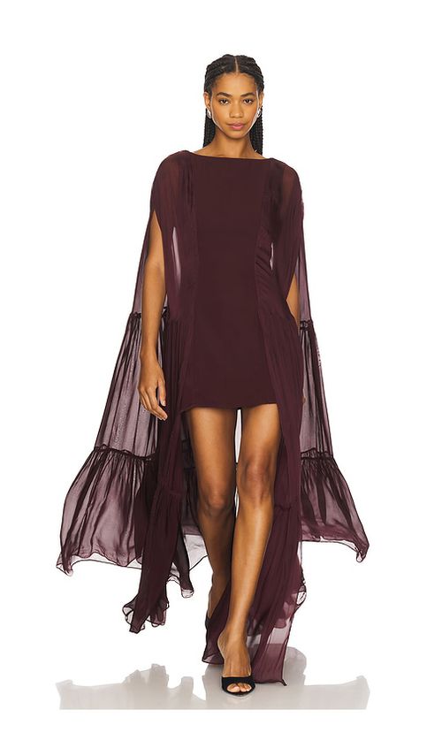 LA FUORI Coralia Gathered Cape Dress in Wine. - S also in