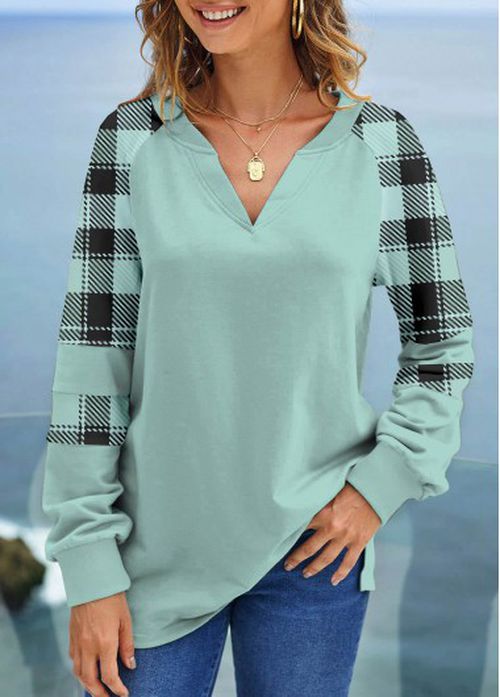 Modlily Mint Green Split Plus Plaid Sweatshirt - 3X