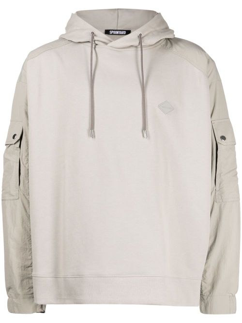 Logo-appliqué panelled hoodie - Neutrals