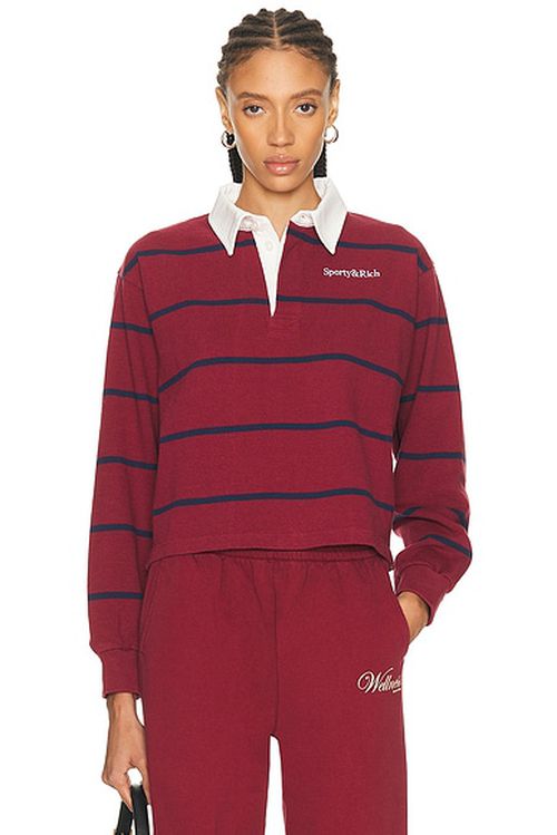 Sporty & Rich Serif Logo Rugby Polo Top in Merlot White & Dark Navy - Red. M also in L, S
