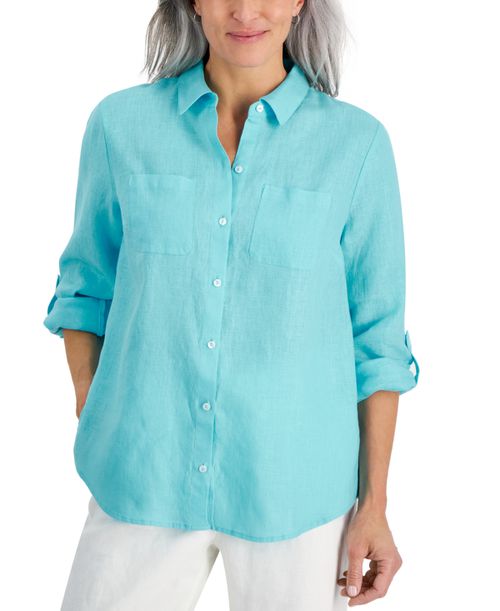 Petite 100% Linen Button-Front Shirt, Created for Macy's - Light Pool Blue