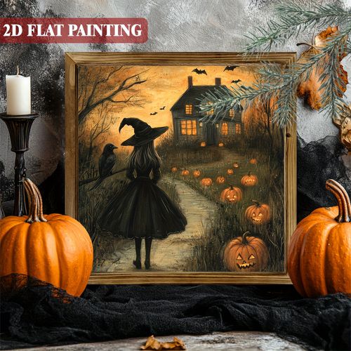 TEMU 2d Flat, Rustic Wooden Halloween Wall Art Sign - 8x8 Inch In Haunted House Painting With Jack-o-lanterns, Recycled Wood Hanging Decor For
