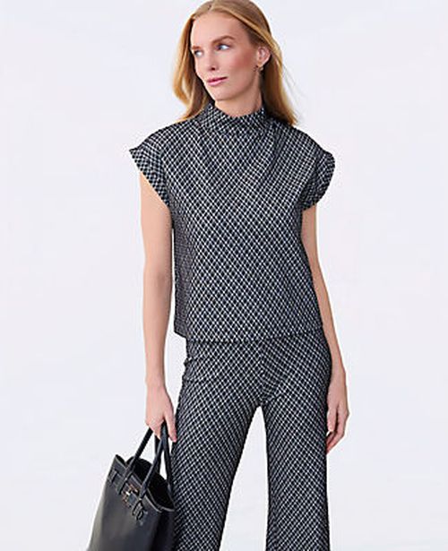 Ann Taylor Petite Plaid Ponte Mock Neck Top