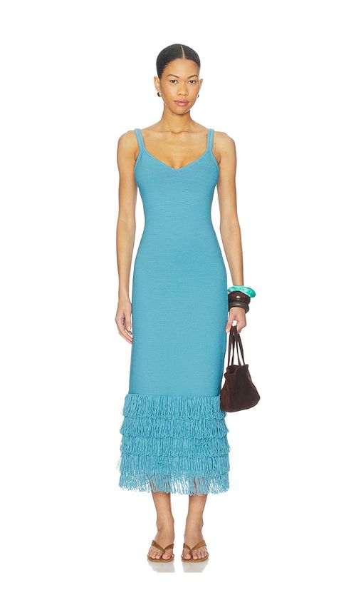 AMUR Decker Fringe Midi Dress in Blue. L. Also in XS
