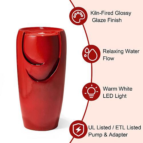 "29.25""H Oversized Red Outdoor Ceramic Pot Fountain w/Pump & LED Light"