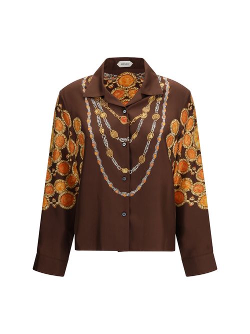 Chain-Print Silk Shirt — Brown