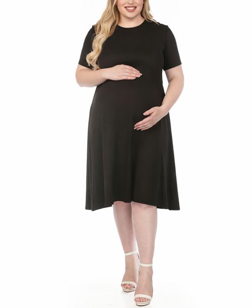 Plus Size Short-Sleeve Midi A-Line Dress - Black