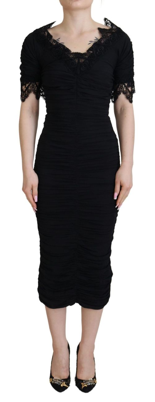Lace-Trimmed Silk Sheath Dress — Black