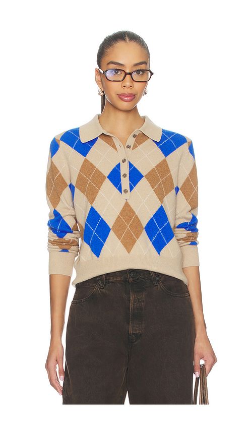 White & Warren Cashmere Argyle Long Sleeve Polo in Camel Blue Combo. M also in L