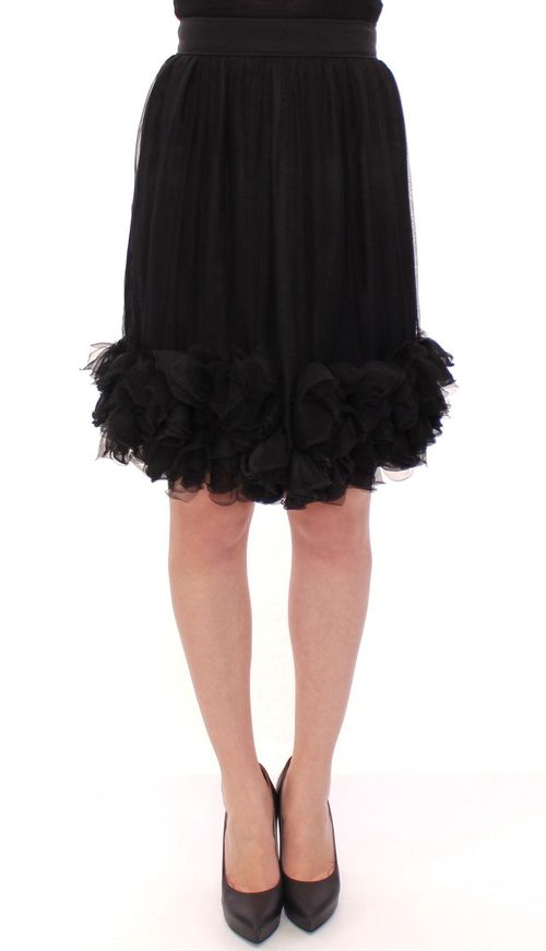 Silk Tulle Ruffled Skirt — Black