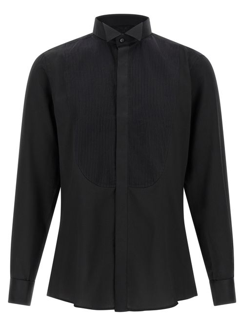 Pleated Plastron Tuxedo Shirt — Black