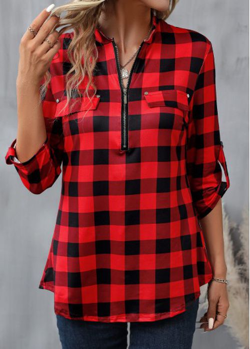 Modlily Red Zipper Plaid Long Sleeve High Neck Blouse