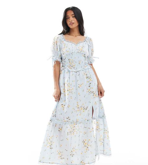 Miss Selfridge Petite printed milkmaid maxi dress in ditsy floral-pink