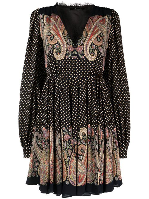 Lace-trim polka-dot flared dress - Black