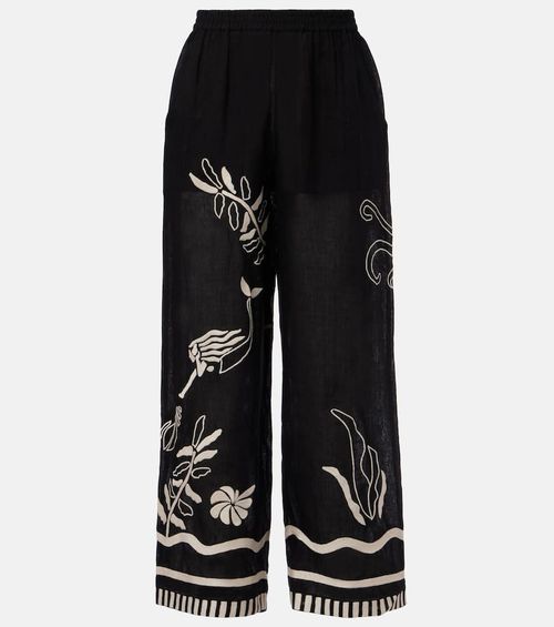 Octopus embroidered linen wide-leg pants