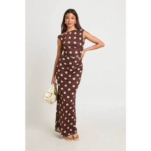 Boohoo Women's Tonal Polka Dot Asym Neckline Maxi Dress in Chocolate