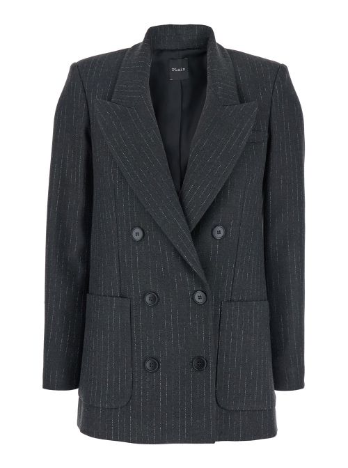 Pinstriped Double-Breasted Blazer — Gray