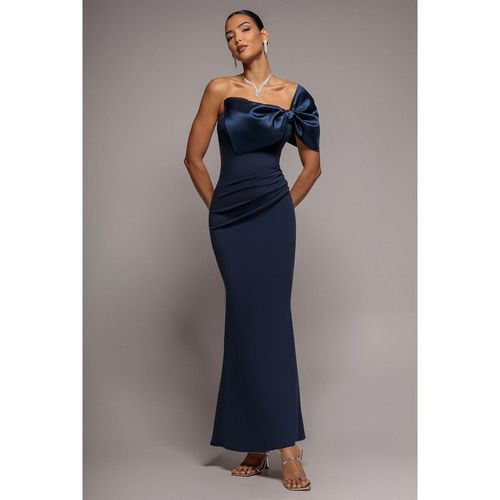 Goddiva Off The Shoulder Satin Bow Neck Maxi Dress - Navy Blue