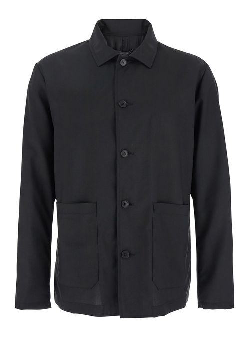 Black Jacket With Classic Collar And Patch Pockets On The Front In Wool Man