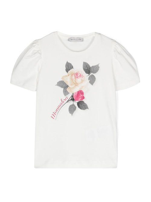 Rose-print puff-sleeves T-shirt - White