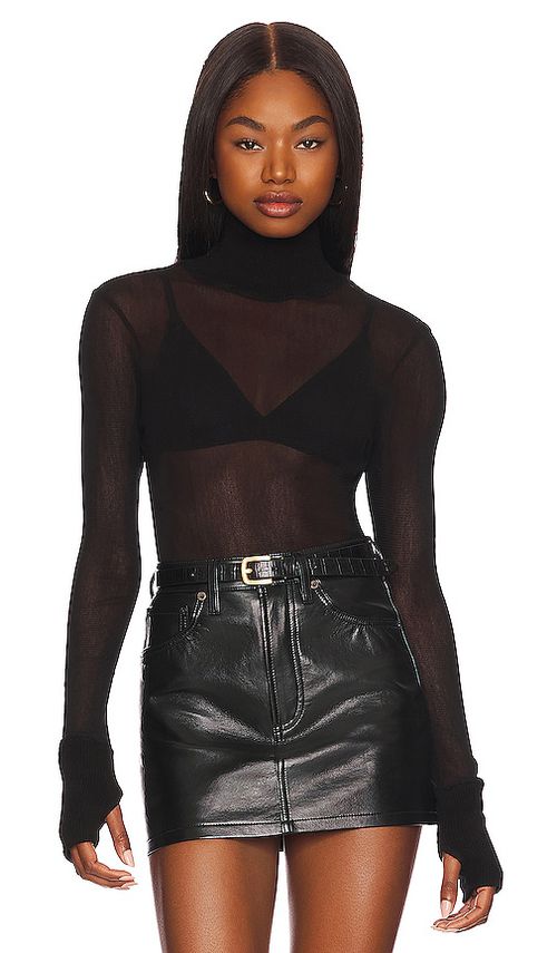 Enza Costa Cotton Mesh Cuffed Long Sleeve Turtleneck Sweater in Black - Black. XS also in